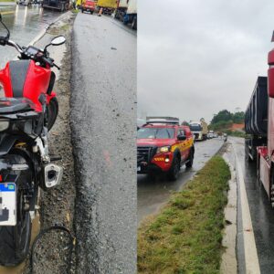 Motociclista é arrastado por 30 metros após cair na frente de caminhão na BR-470 | Foto: CBMSC.