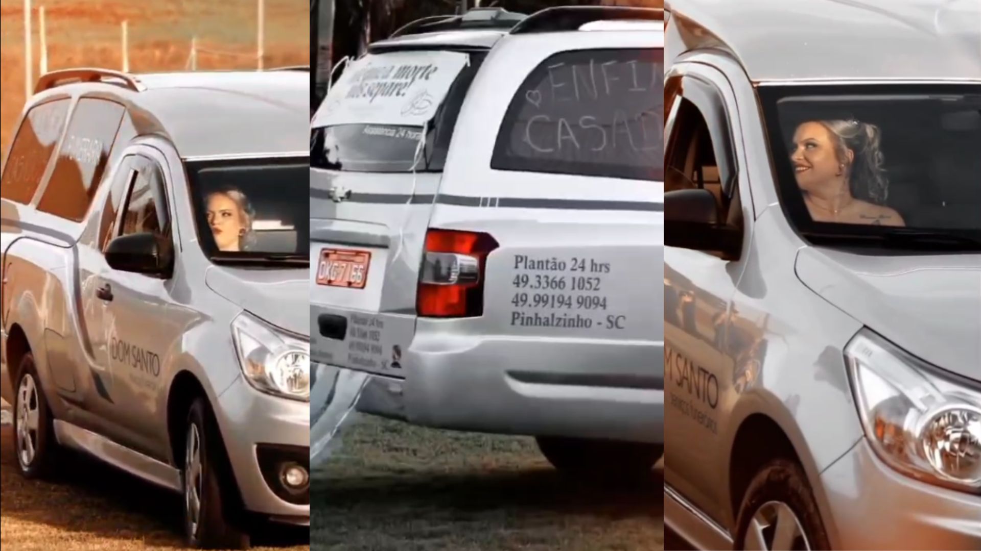 Noiva catarinense chega em casamento com carro funerário; veja imagens | Foto: Nova FM/Reprodução