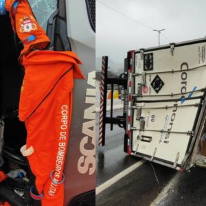 Carreta tomba na BR-282 em Chapecó e mulher fica presa na cabine | Imagem: corpo de bombeiros