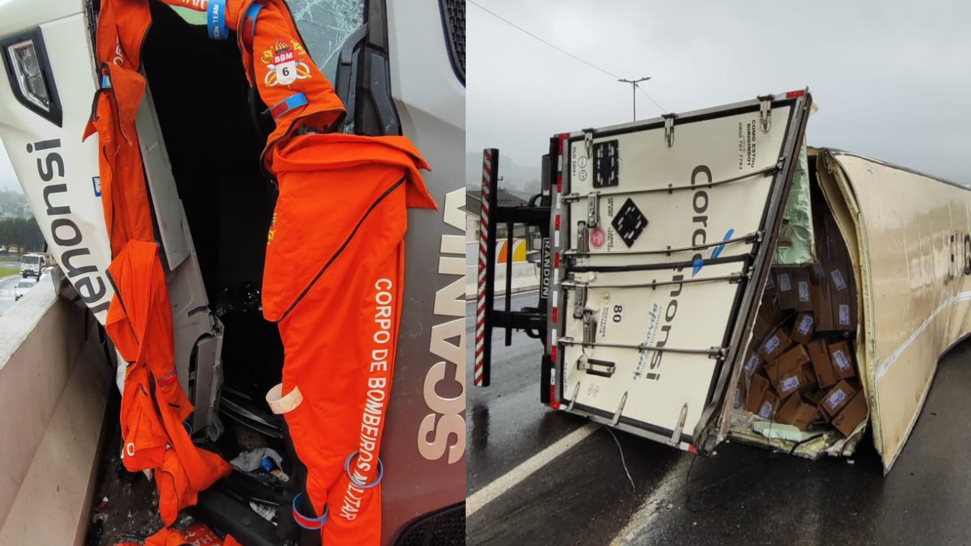 Carreta tomba na BR-282 em Chapecó e mulher fica presa na cabine | Imagem: corpo de bombeiros