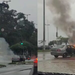 Carro pegou fogo na Beira-Mar Norte. - Foto: Hermano Buss/Reprodução