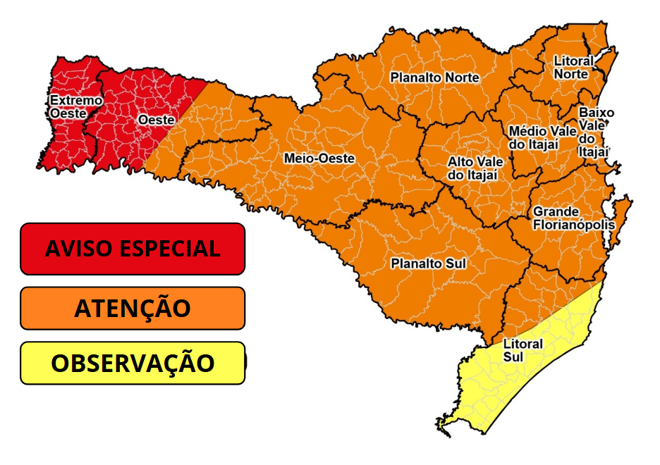 Defesa Civil emite alerta vermelho para cidades de SC