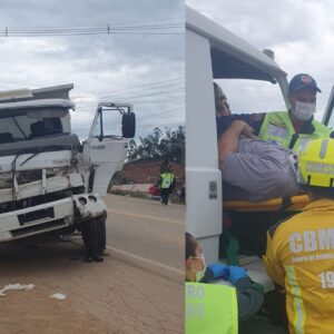 Motorista fica preso às ferragens após colisão entre caminhões na SC-410 | Imagem: corpo de bombeiros