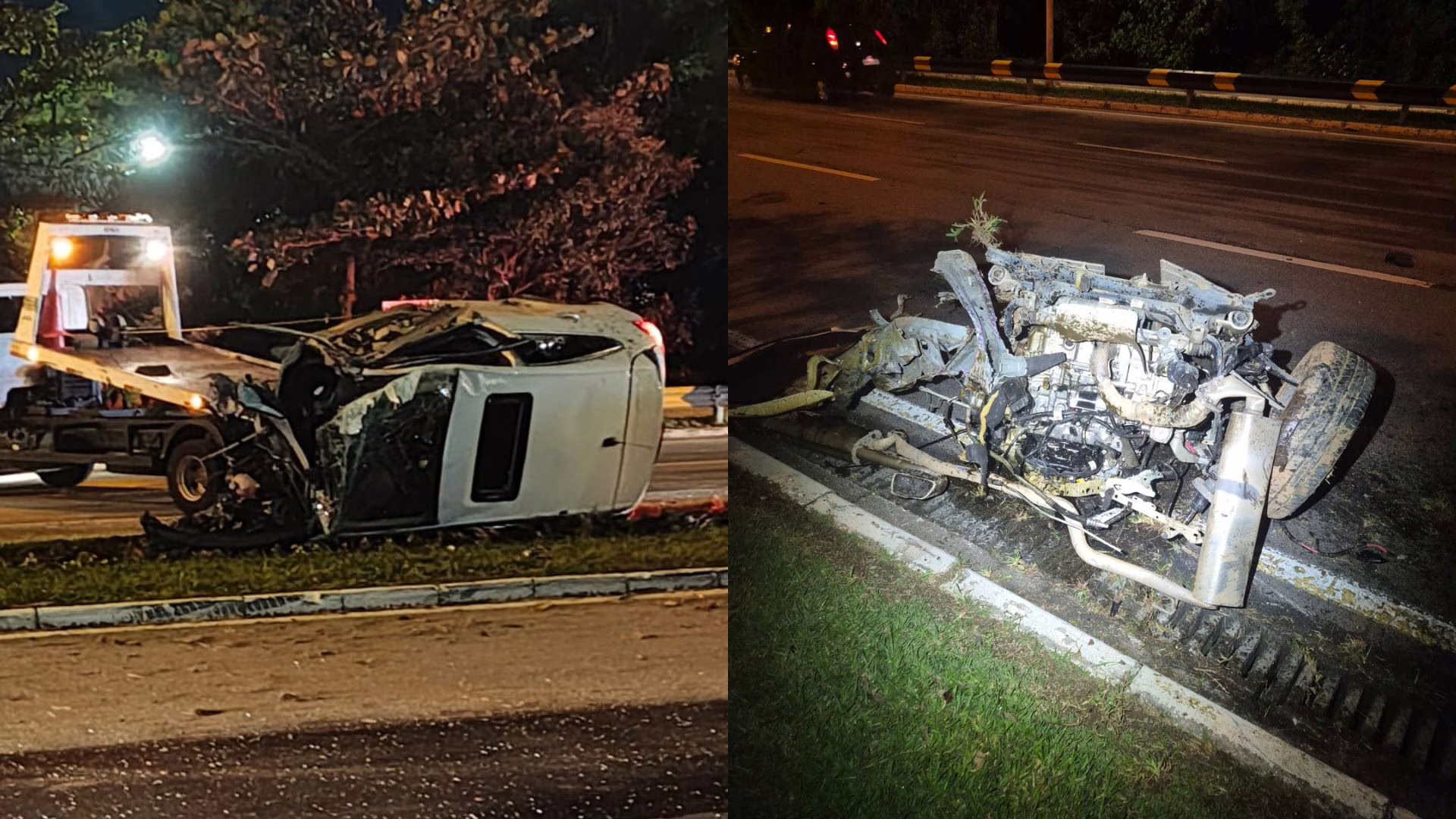 Impacto violento em capotamento ‘arranca’ motor de carro em Florianópolis | Foto: GMF/Reprodução