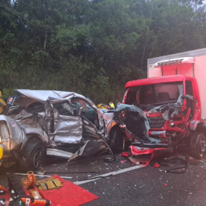 Pai e filho morrem após colisão entre carro e caminhão na BR-282 | Foto: CBMSC/Divulgação