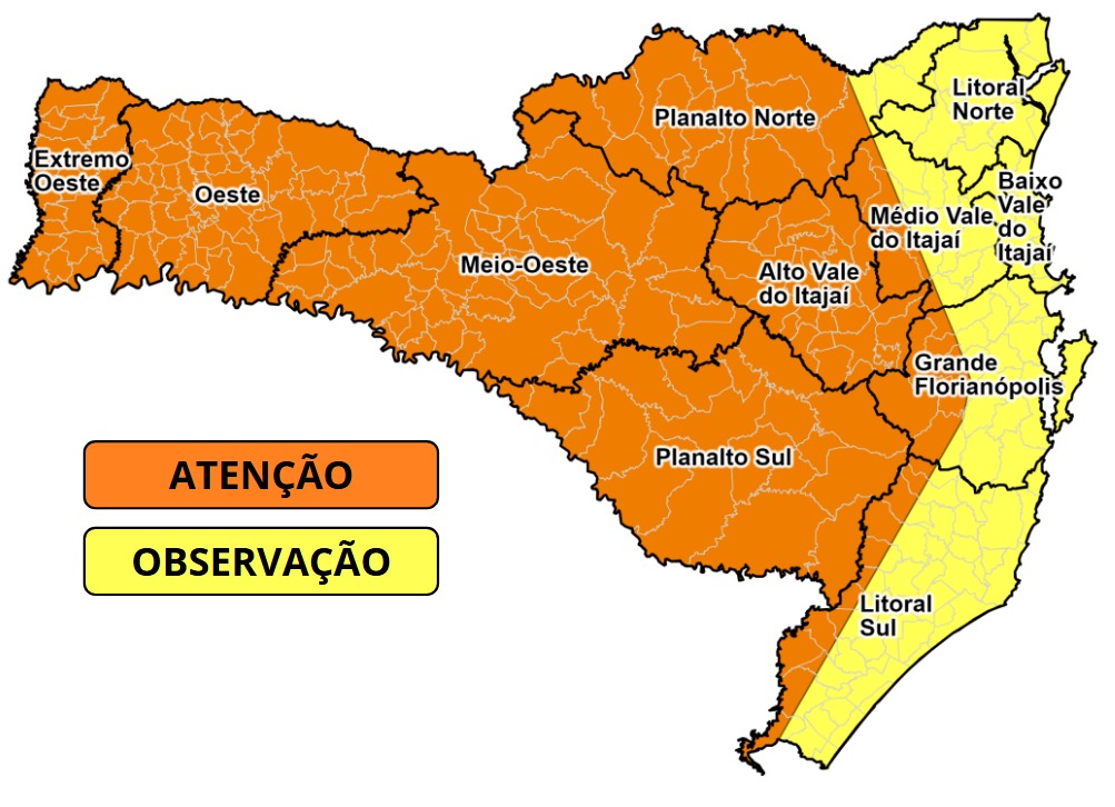 Temporais com granizo e ventos fortes devem atingir SC entre quarta e quinta-feira
