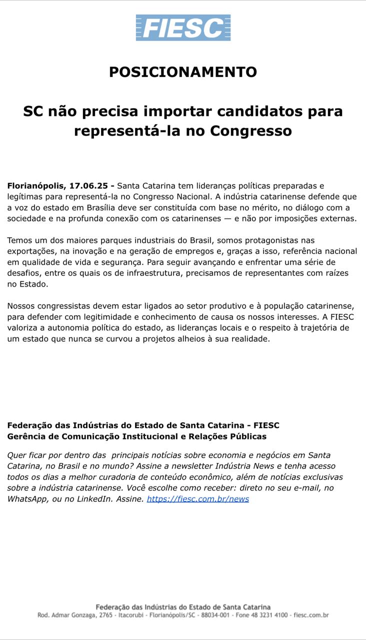 Fiesc entra no debate e rechaça indicação de Carlos Bolsonaro ao Senado. - FIESC/Reprodução