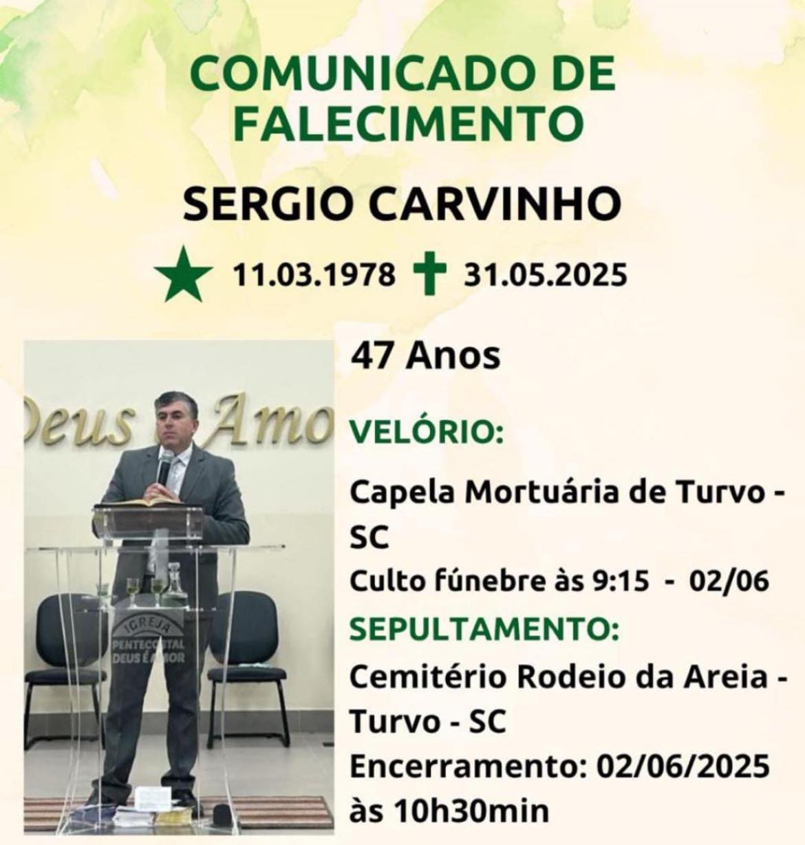 Velório ocorre nesta segunda-feira (2), em Turvo. - Foto: Redes sociais/Reprodução
