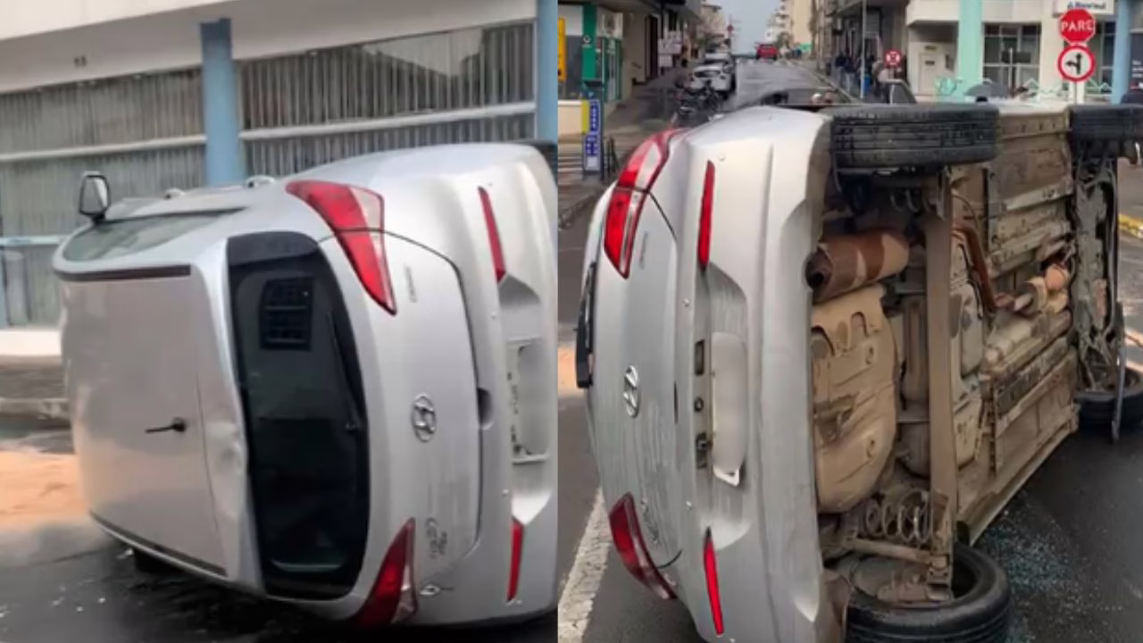 Carro Capota e motorista é socorrida com ferimentos leves em Lages | Foto: Schaina Marcon/Rádio Clube de Lages