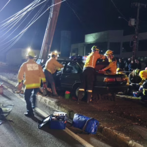 Homem fica preso às ferragens e carona é arremessado após carro colidir com poste na BR-480 - imagem: reprodução/ CBMSC