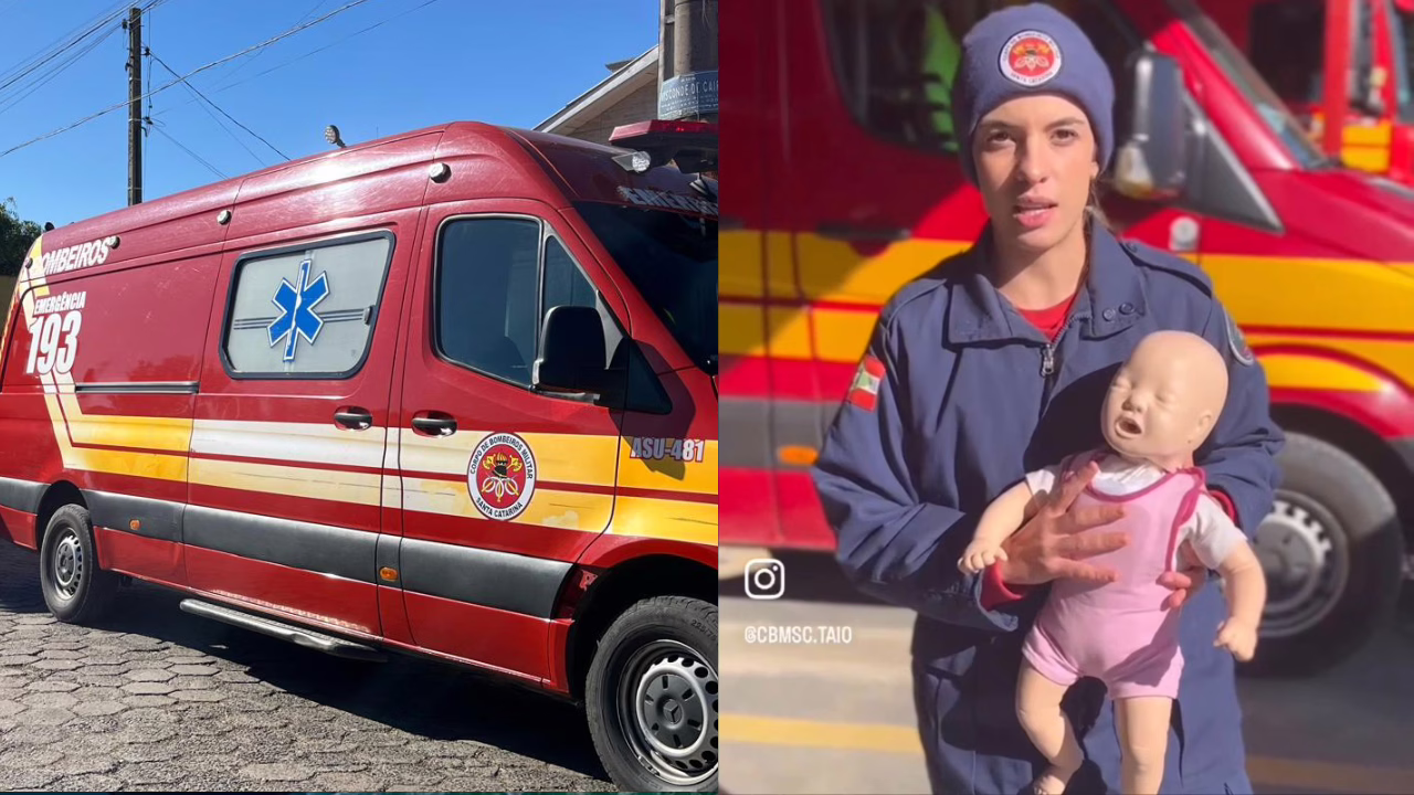 Recém-nascido é socorrido por bombeiros após engasgar com leite materno em Urubici | Foto 01: Isabela Reche/Rádio Clube de Lages/ Foto 02: 5º BBM