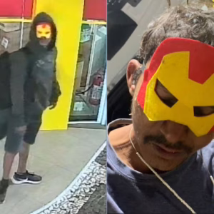 VÍDEO: ladrão com máscara do Homem de Ferro furta farmácia em 40 segundos - Imagem: reprodução/ massa