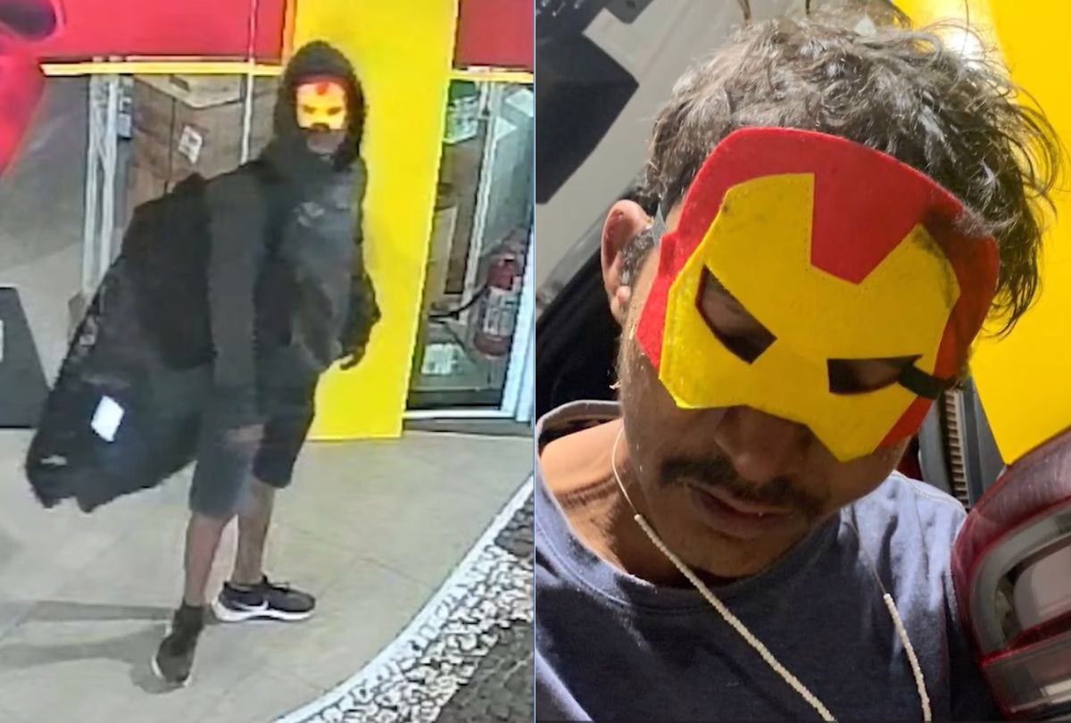 VÍDEO: ladrão com máscara do Homem de Ferro furta farmácia em 40 segundos – Imagem: reprodução/ massa