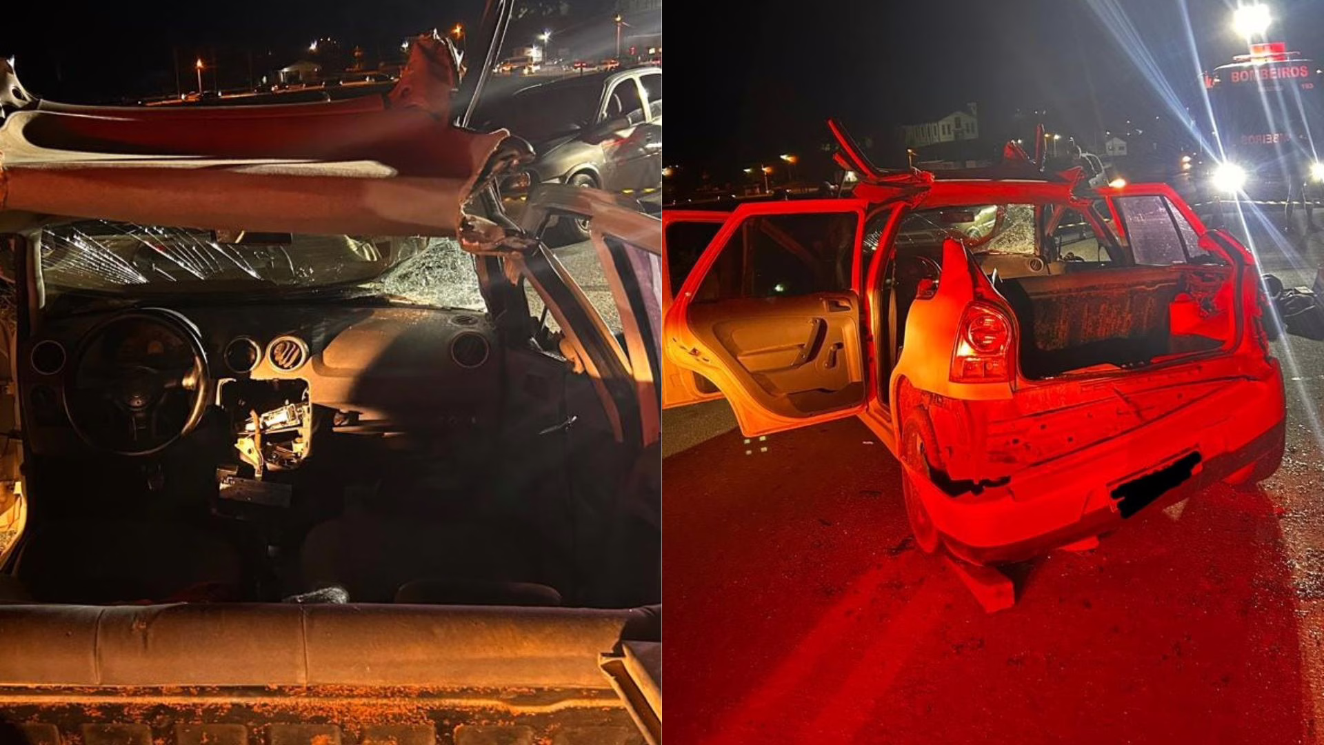 Carro cai em ribanceira e outro fica destruído após acidente na SC-410 –  Imagem: corpo de bombeiros