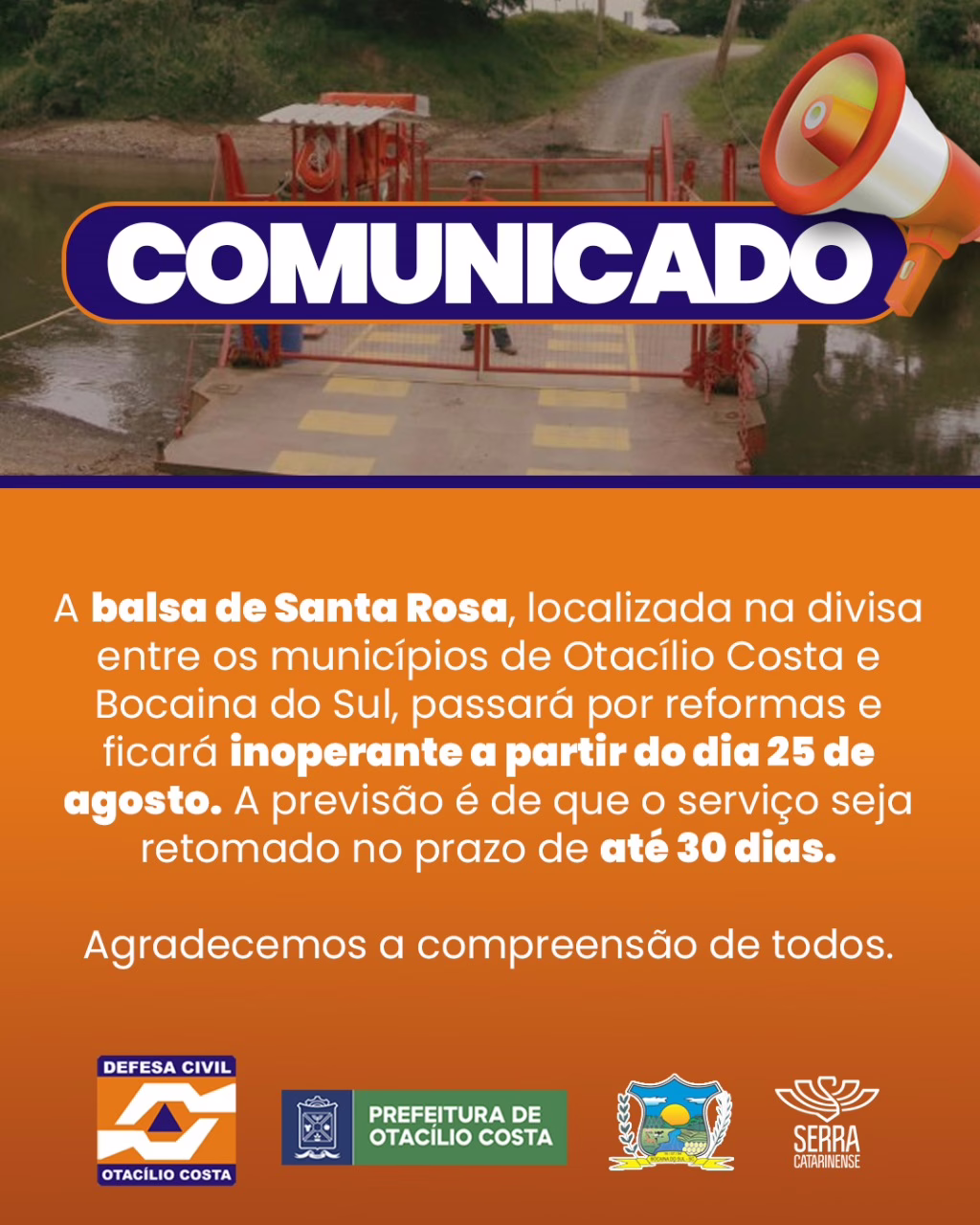 Balsa de Santa Rosa suspende operações para manutenção