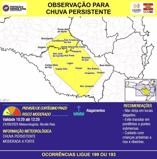 Defesa Civil emite alertas para cidades na Serra devido a chuvas intensas