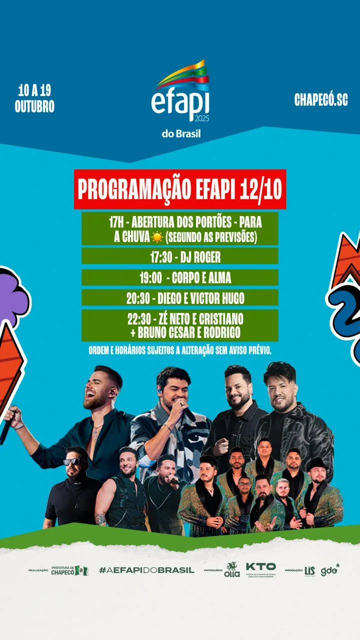 Com tempo instável, Efapi antecipa shows deste domingo; veja os novos horários