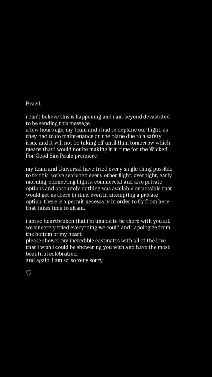 Ariana Grande cancela vinda ao Brasil para premiere de ‘Wicked’