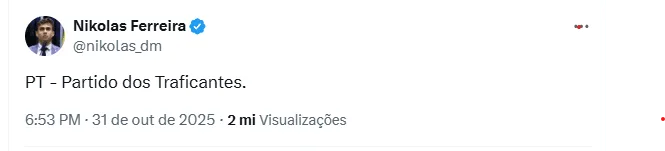 Justiça determina que X apague post de Nikolas Ferreira que associa PT ao tráfico