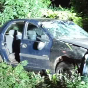 FOTO: carro fica suspenso em árvore após capotar na BR-282 em SC | Foto: CBMSC/Reprodução