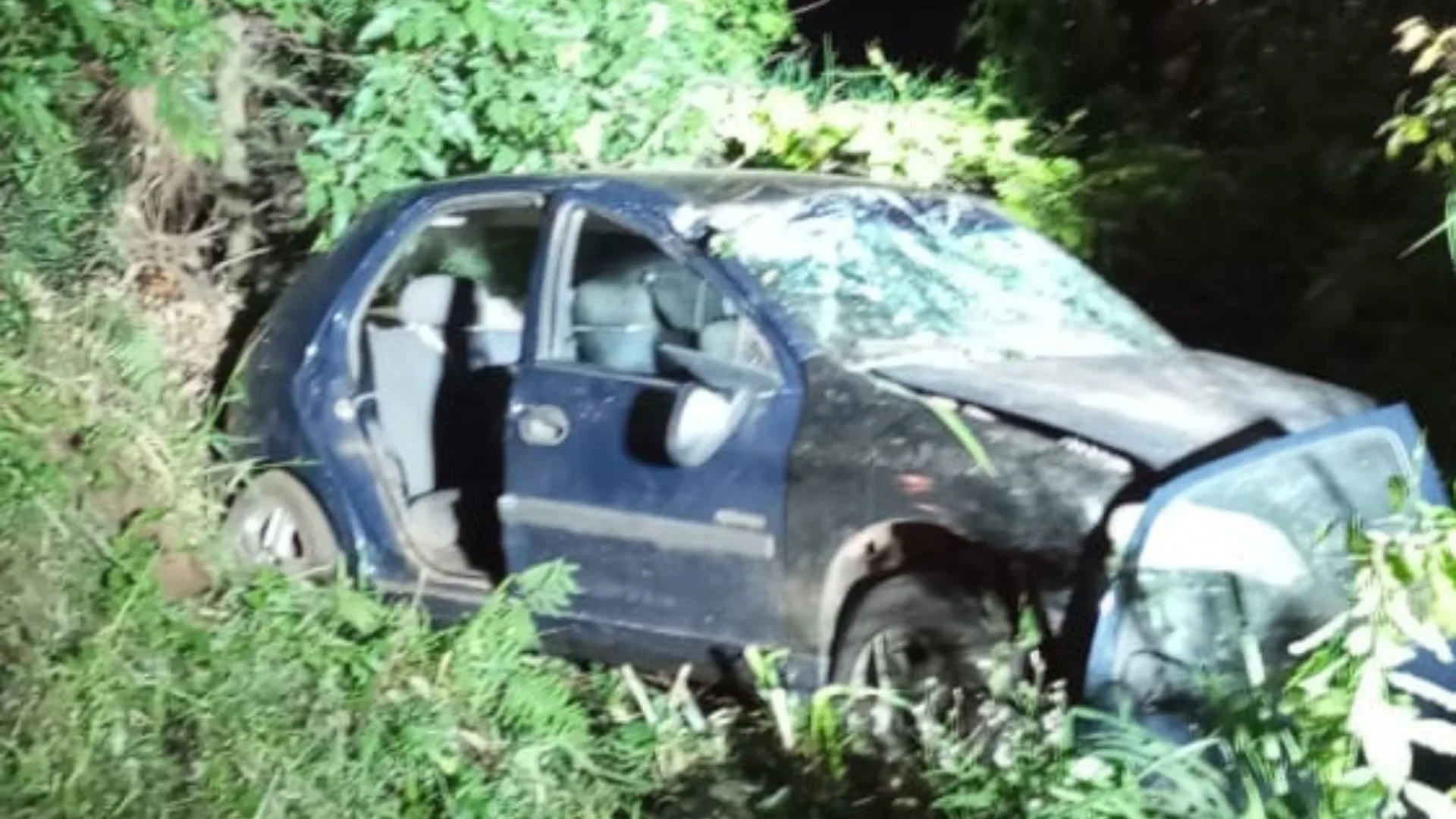 FOTO: carro fica suspenso em árvore após capotar na BR-282 em SC | Foto: CBMSC/Reprodução FOTO: carro fica suspenso em árvore após capotar na BR-282 em SC | Foto: CBMSC/Reprodução