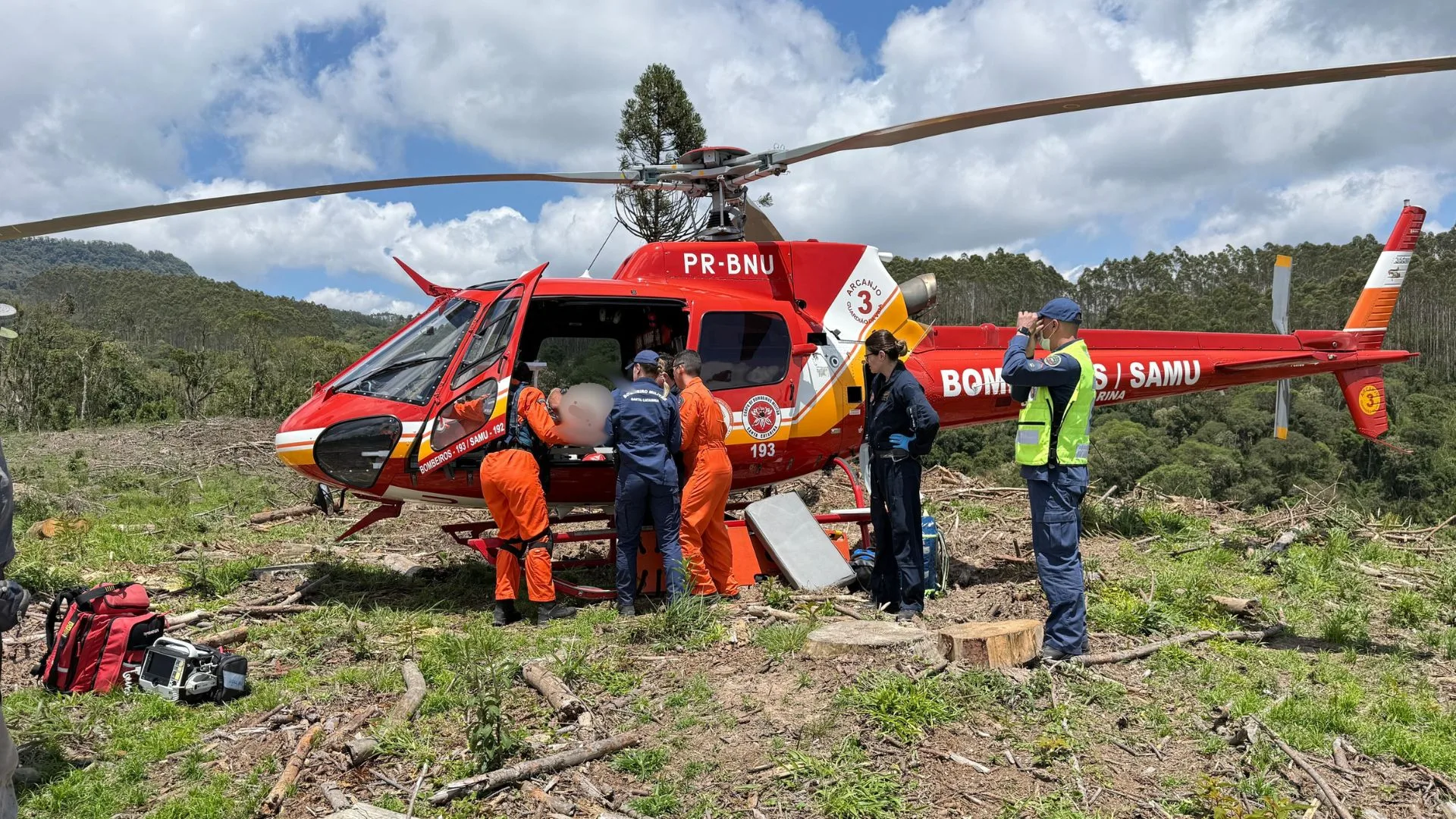 Idoso sofre fratura exposta ao ser atingido por árvore durante trabalho em SC – Imagem: reprodução/ CBMSC