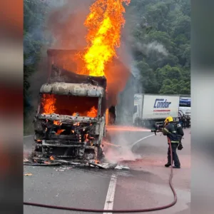 Caminhão carregado com cerveja é consumido pelas chamas na BR-376