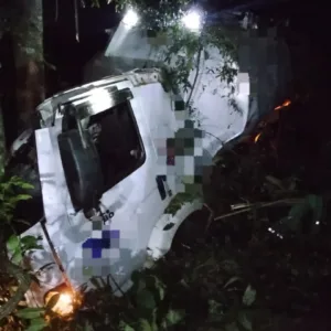 Caminhão carregado com ração sai da pista, capota em ribanceira e motorista morre na BR-282 em SC - Foto: CBMSC