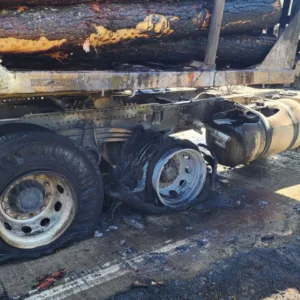 Caminhão com carga de pinus pega fogo na SC-114 em Lages | Foto: Reprodução