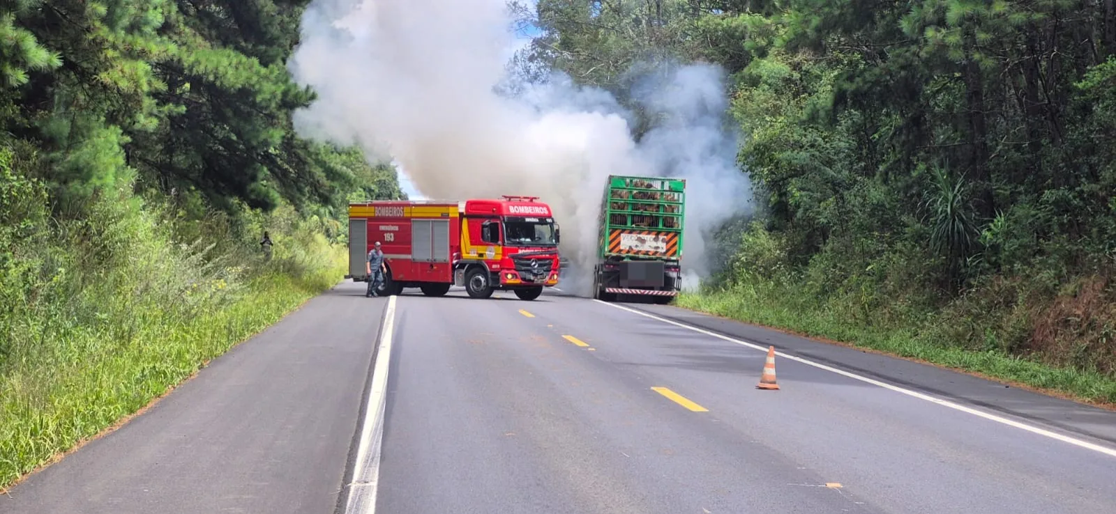 Caminhão pega fogo e mobiliza bombeiros na BR-280