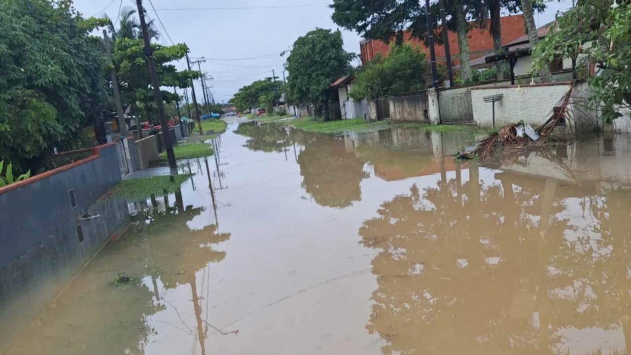 Chuva intensa deixa ruas alagadas e cancela aulas em SC.| Foto: Divulgação Defesa Civil SC