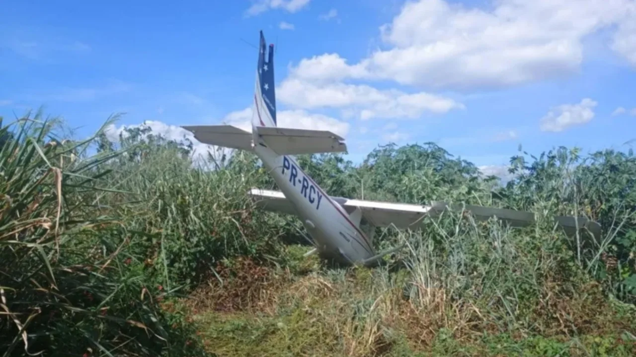 Avião para no meio do mato após emergência durante voo de teste
