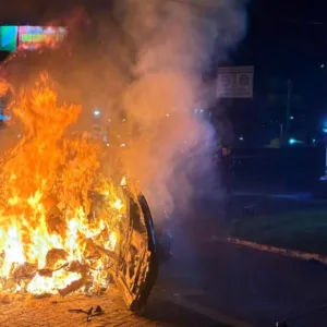 Carro pega fogo após bater em poste e vítima morre carbonizada na BR-101 em SC | Foto: CBMSC/Reprodução