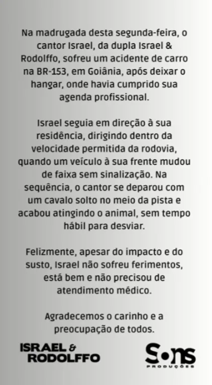 Israel, dupla de Rodolffo, sofre acidente de carro em estrada