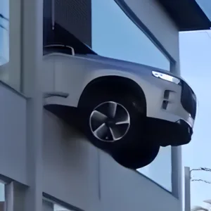 Carro fica pendurado no segundo andar de loja em Porto Alegre