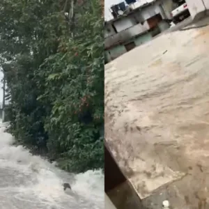 Problema mecânico em reservatório da Casan causa alagamento na Serrinha | Fotos: Reprodução/SCC SBT