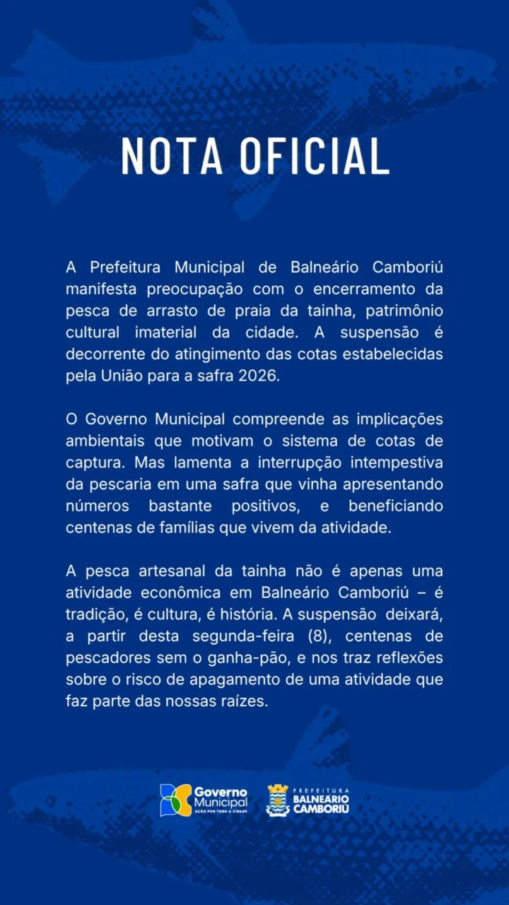 Proibição da pesca da tainha por arrasto preocupa Balneário Camboriú