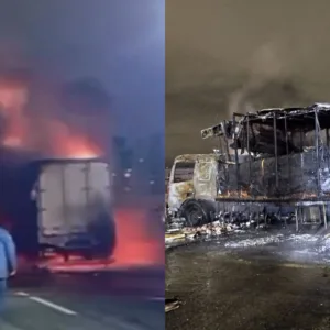 VÍDEO: Caminhão pega fogo na BR-101 após explosão e motorista escapa por pouco em SC