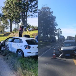 Colisão entre caminhão e três carros deixa dois feridos na BR-470