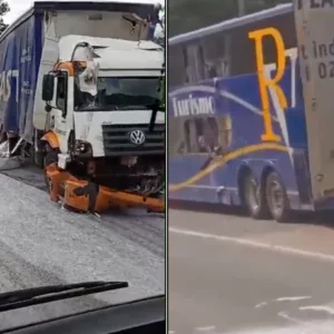 Acidente entre ônibus e caminhão interditou trecho da BR-376, na divisa entre Santa Catarina e Paraná | Foto: Reprodução | Redes Sociais 